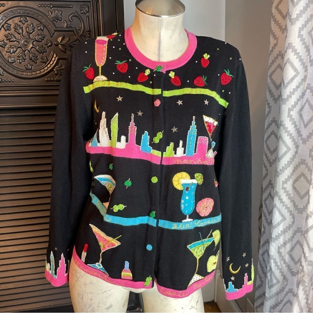 VINTAGE Berek Margarita City Sweater Black Colorful Cardigan Hand Knit 90s M